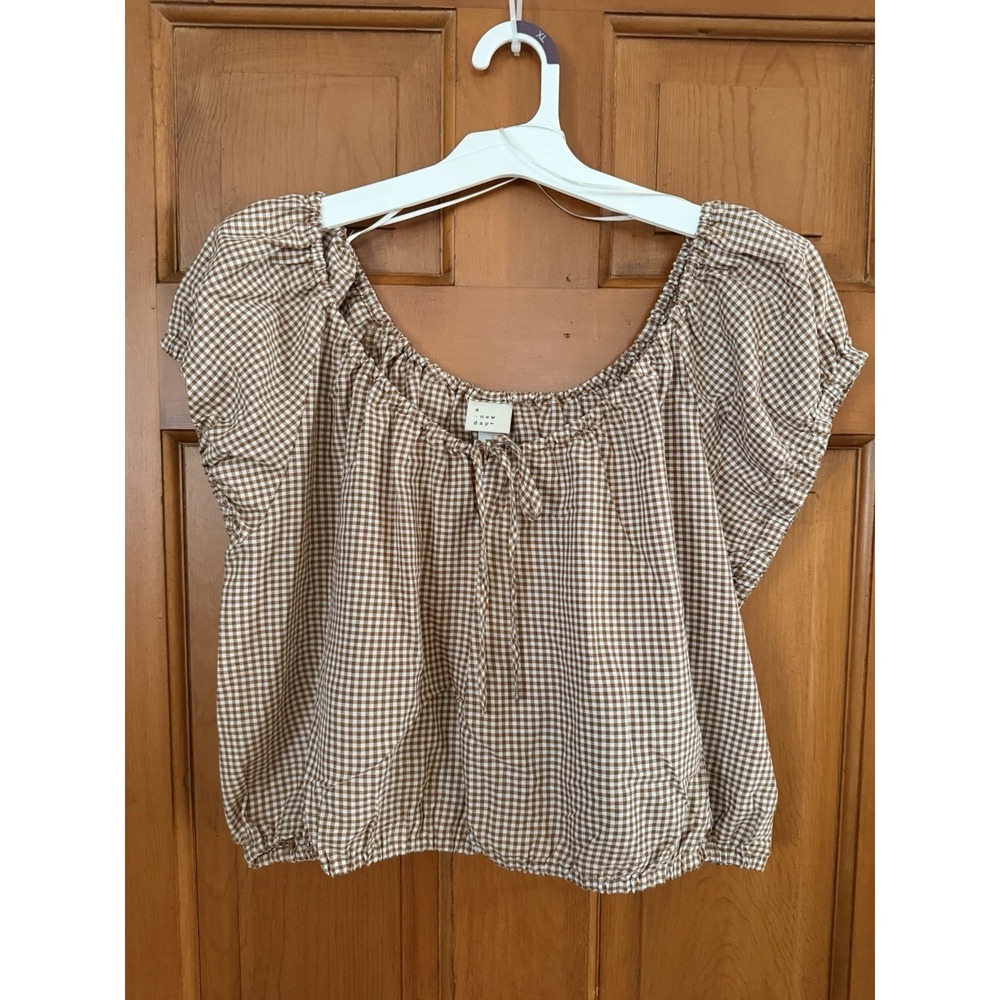 Women's A New Day Brown & White Gingham Blouse Puff Sleeves Size Extra Large NWT